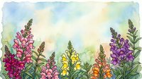 Watercolor wildflower meadow with colorful lupine blooms in pink, purple, yellow and orange against soft pastel sky background for spring garden designs.