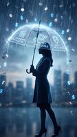 Businesswoman with umbrella protecting from financial storm with insurance and safety protocols in blue corporate environment.