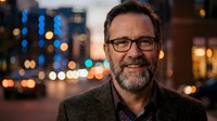 Smiling middle-aged Caucasian businessman with glasses and beard in urban evening setting with bokeh city lights background for corporate portraits.