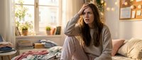 Middle-aged woman with long brown hair and fair complexion sitting on bed in cozy bedroom with warm lighting, wearing casual cardigan, looking thoughtful and stressed while touching head. Use for lifestyle, wellness, mental health, home decor, and relatable everyday moments.