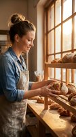Female baker, Caucasian ethnicity, arranging freshly baked bread loaves on wooden shelves by sunlit window in artisan bakery. Warm natural light illuminates her work in apron.