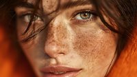 Young woman with freckles and green eyes in warm sunlight with shadow patterns on face. Natural beauty portrait for skincare and cosmetic campaigns.