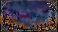 Halloween night scene with spooky pumpkins, bare trees, bats and ornate golden border frame. Dark purple sky with orange glow creates atmospheric backdrop.