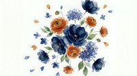 Watercolor floral bouquet with navy blue peonies and orange ranunculus flowers on white background. Botanical illustration for wedding invitations and cards.