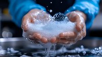 Hands holding soap foam with water drops falling in dramatic lighting. Clean washing concept with blue tones and dark background showing personal hygiene routine.