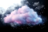 Dreamy cosmic cloud formation with pink and blue hues against dark sky background, sparkling with stars and ethereal light effects creates magical atmosphere.