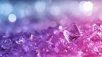 Sparkling ice crystals on glittering pink and blue bokeh background with soft focus effects create magical winter atmosphere. Macro photography of frozen structure.