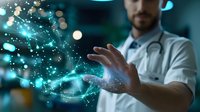 Male medical professional with stethoscope examining glowing digital network visualization floating above palm in modern healthcare facility with blue technology effects.