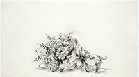 Monochrome botanical line drawing featuring layered flowers and foliage in sketch style, isolated on cream background for design, invitations, and decorative projects.