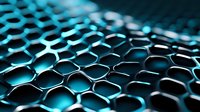 Glowing blue hexagonal mesh pattern with dramatic lighting and depth of field effect creates futuristic technological background for science and innovation concepts.