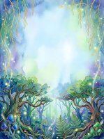Enchanted forest scene with glowing trees, hanging willow branches, and magical lights creating a mystical woodland gateway with luminous foliage and ethereal atmosphere for fantasy and nature designs.