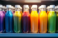 Colorful array of fresh juice bottles lined up on refrigerator shelf, displaying vibrant rainbow colors from purple to green, orange and yellow drinks in clear containers.