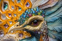 Ornate fantasy bird head with jeweled plumage, crystal embellishments, and intricate metallic details in gold and turquoise tones featuring a dramatic eye and curved beak.