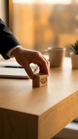 Businessman hand placing wooden cube with handshake symbol on desk representing partnership and collaboration in warm office environment.