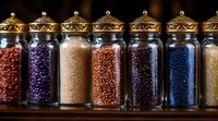 Glass jars with ornate metal lids filled with colorful beads and craft supplies arranged in row on dark background, creating artistic composition for jewelry making.