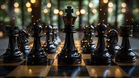 Black chess pieces on wooden board with blurred golden bokeh lights in background, creating dramatic atmosphere for strategy and competition concepts.