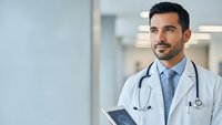 Professional male doctor with stethoscope holding tablet in modern hospital corridor, healthcare technology and medical consultation concept.