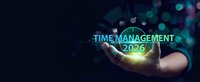 Professional businessman holding glowing time management 2026 concept with digital icons and futuristic light effects on dark background.