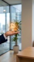 Businessman hand holding glowing gavel icon in modern office representing legal services, justice system, law firm consultation and attorney expertise.