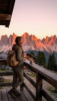 Woman hiker with backpack standing on wooden deck at sunset, gazing at dramatic mountain peaks during golden hour. Perfect for travel, adventure, and outdoor lifestyle content.