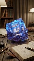 Glowing blue crystal cube with geometric patterns floating above open books on wooden desk in cozy library study room with warm lighting atmosphere.