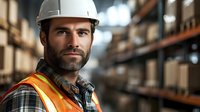 Confident warehouse worker wearing protective hardhat and safety vest looks ahead with determination against industrial storage background.
