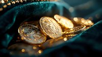 Golden coins on dark emerald velvet fabric with soft bokeh lights creating luxurious atmosphere, macro photography with selective focus for financial concepts.