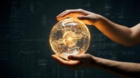 Hand holding glowing orb with golden light and digital network patterns, representing future technology, innovation, and data connectivity for business concepts.