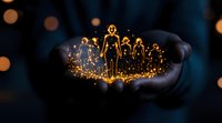 Glowing golden silhouettes of people emerging from cupped hands against dark background with bokeh lights, representing hope, unity and human connection.