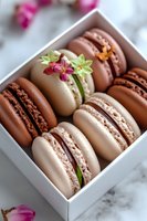 French macarons in white and chocolate colors arranged in gift box with tiny flowers decoration on marble background, selective focus close up view.
