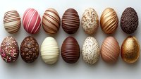 Assorted luxury chocolate Easter eggs decorated with stripes, sprinkles and metallic finishes arranged in neat rows on light background. Sweet confectionery treats.
