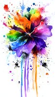 Vibrant rainbow flower with watercolor splashes and drips on white background, artistic botanical illustration with expressive paint splatters and dynamic color flow.