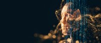Digital transformation concept with human hand reaching through glowing data streams and particle effects on dark background for technology presentations.