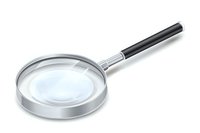 Classic magnifying glass with silver metal frame and black handle isolated on white background for detective work, research, and investigation.
