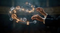 Businessman hands manipulating glowing golden light trail with dollar symbols and financial icons, representing wealth management, investment strategy, and digital money flow for business concepts.