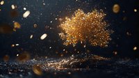 Magical glowing golden tree silhouette against dark background with floating sparkles and particles creating dreamy atmospheric scene for fantasy designs.