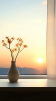 Delicate orange blossoms in ceramic vase on windowsill against sunset sky and mountain silhouettes create serene minimalist composition for wellness spaces.