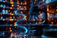 Modern microscope with glowing digital particles and bokeh lights representing scientific research and laboratory analysis in futuristic setting.