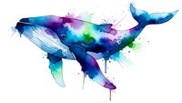 Watercolor whale with vibrant blue purple green splashes isolated on white background for marine art prints and ocean themed designs.