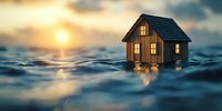 Miniature wooden house floating on rippling water surface at sunset with glowing windows, creating dreamy atmosphere and reflections in dark blue waves.