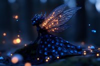 Magical glowing fairy creature with translucent wings resting on moss in enchanted forest at night, surrounded by floating light orbs and sparkles in blue tones.