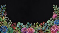 Colorful floral border with roses, peonies, and green leaves on black background, forming an arch with copy space for text.