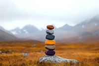 Balanced colorful stones stacked on boulder in mountain landscape with autumn colored grass and misty peaks, zen meditation and wellness concept.