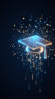 Digital graduation cap with glowing circuit patterns and light particles on dark background representing online education and academic achievement.