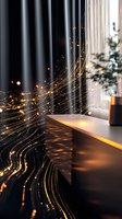 Magical golden light trails flowing through modern living room window creating enchanting atmosphere with sparkling particles and warm illumination effects.
