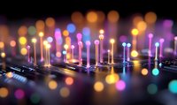 Glowing fiber optic pins emerge from circuit board surface with colorful bokeh lights creating futuristic technology background for digital transformation concepts.