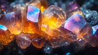Luminous amber and purple fluorite crystals with glowing inner light against dark background, showcasing natural mineral formation.