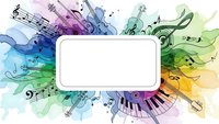 Colorful watercolor music background with piano keys, musical notes and blank white frame for text. Abstract artistic design for creative projects.