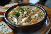 Creamy chicken soup with vegetables in rustic ceramic bowl, served with sliced bread on wooden tray, comfort food for cold days.