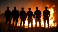 Silhouettes of six men standing in line against dramatic fire background at night, creating powerful atmospheric scene with orange glow and smoke effects.